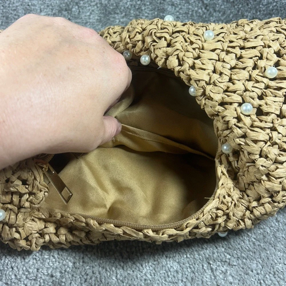 Haute Hippie Hobo Bag Tan Faux Pearl Straw Knotted Handle Women Purse
